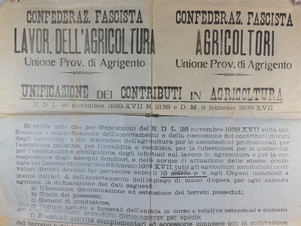 1938 Agriculture in Agrigento Poster, original paper notice for combined fascist agriculture organisations in Sicily, Italy, wall art decor