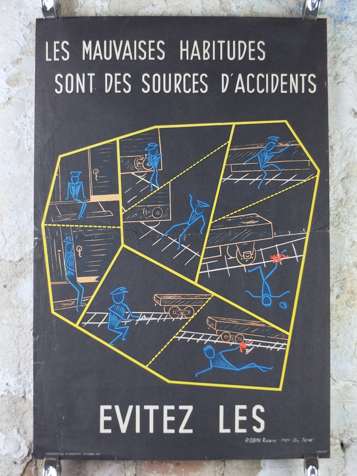 1950s French safety Poster, Bad Habits cause Accidents, by Robin Roland, industrial, train rail dangers, retro wall art decor