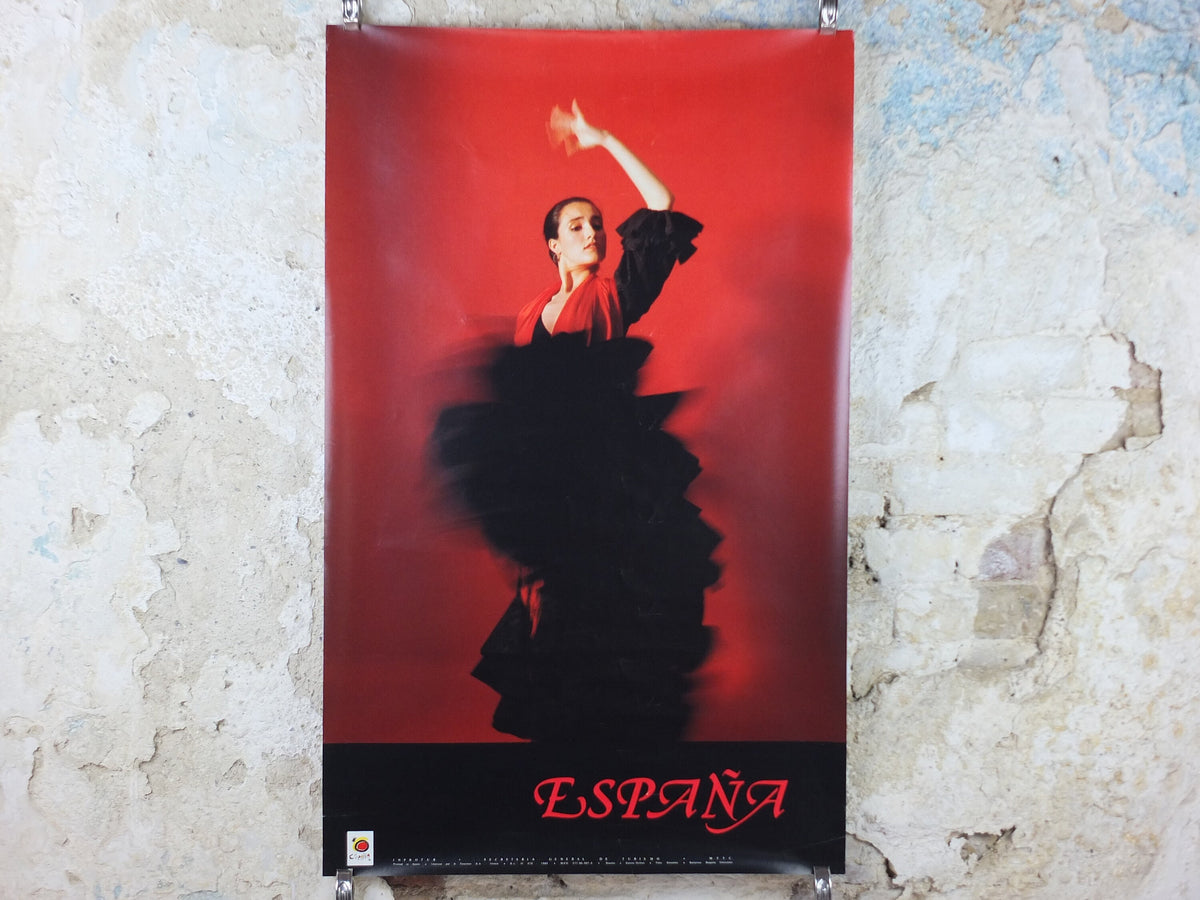 1986 Flamenco Espana Travel Poster, A sensual Spanish lady in flamenco dress in a full dancing flourish ole! Spain, wall art decor