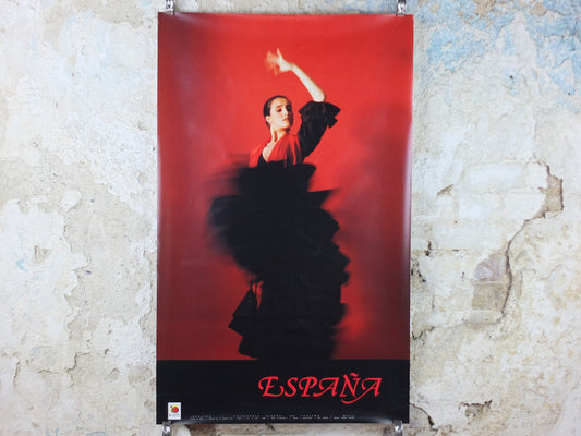 1986 Flamenco Espana Travel Poster, A sensual Spanish lady in flamenco dress in a full dancing flourish ole! Spain, wall art decor