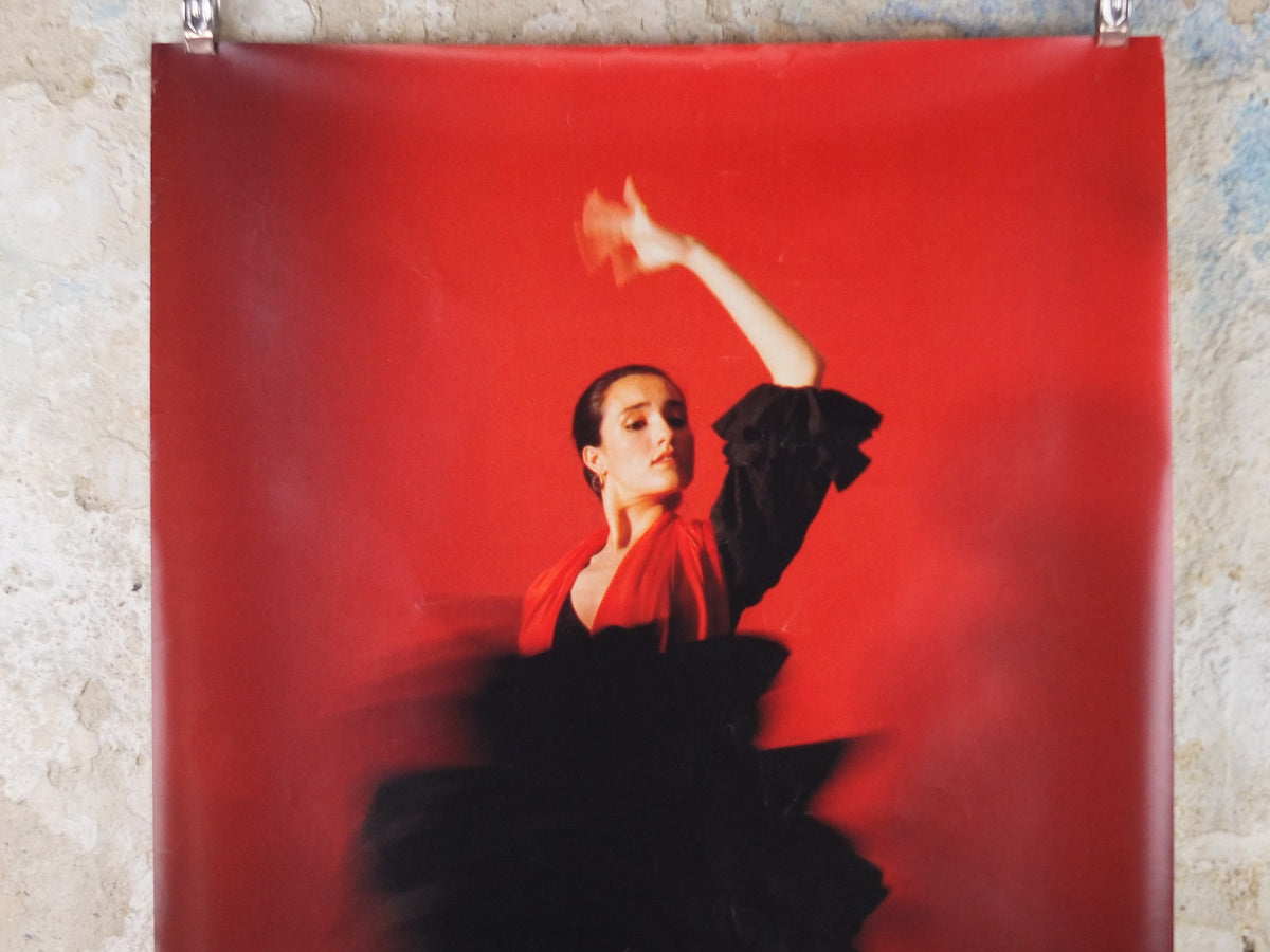 1986 Flamenco Espana Travel Poster, A sensual Spanish lady in flamenco dress in a full dancing flourish ole! Spain, wall art decor