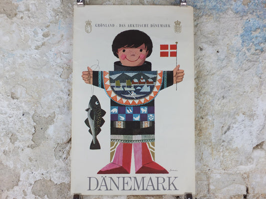 1960s Denmark and Arctic Greenland Poster, a young fisherman in Greenlandic dress , by Ib Antoni, Denmark, original Travel wall art decor