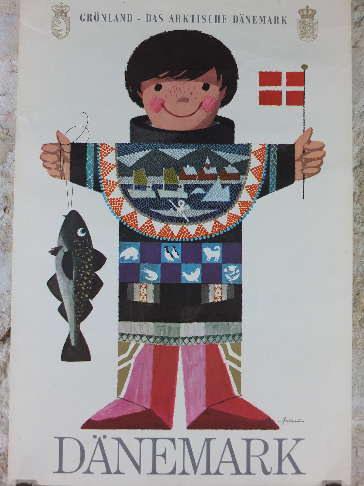 1960s Denmark and Arctic Greenland Poster, a young fisherman in Greenlandic dress , by Ib Antoni, Denmark, original Travel wall art decor