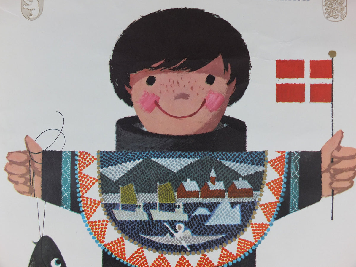 1960s Denmark and Arctic Greenland Poster, a young fisherman in Greenlandic dress , by Ib Antoni, Denmark, original Travel wall art decor