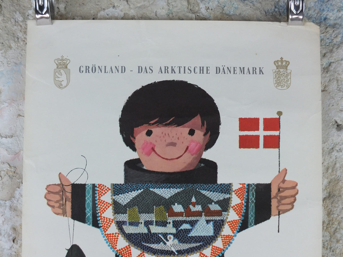 1960s Denmark and Arctic Greenland Poster, a young fisherman in Greenlandic dress , by Ib Antoni, Denmark, original Travel wall art decor