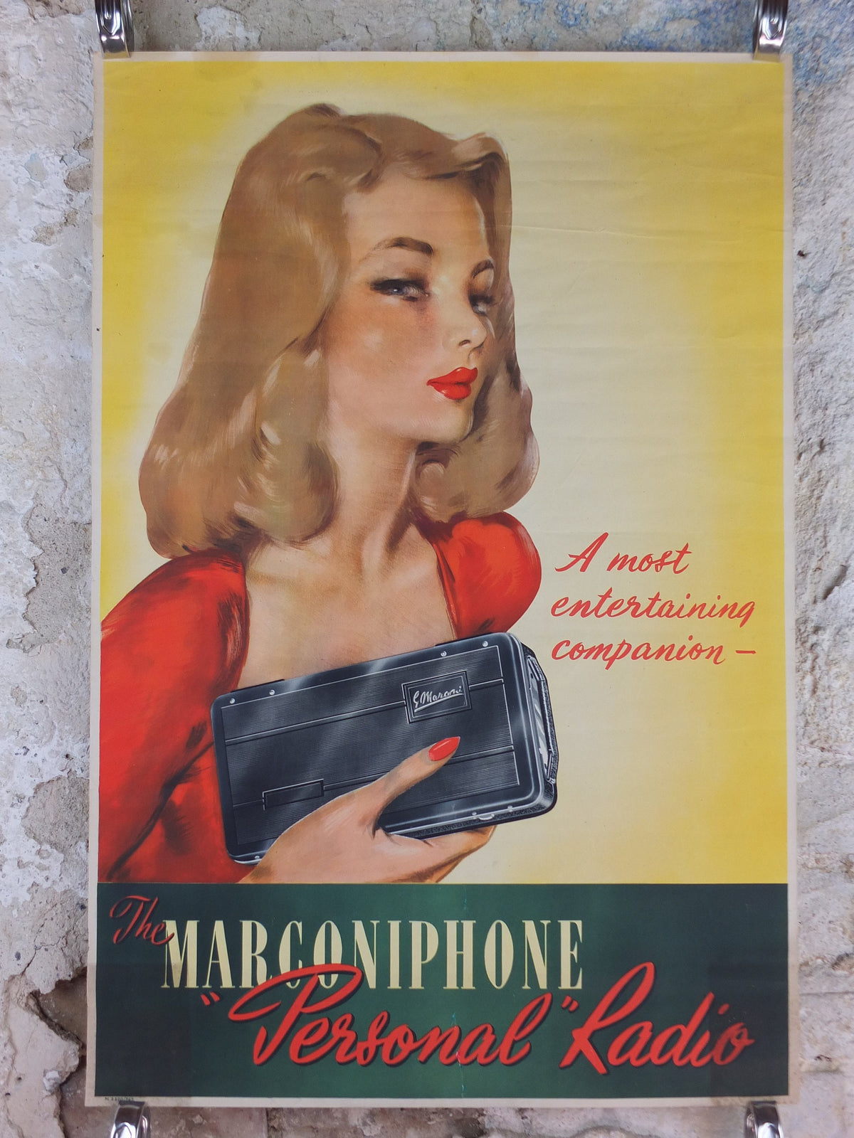 1940s Marconi Poster, A Most Entertaining Companion, Blonde beauty with 40s hairdo and Radio, Marconiphone advertising wall art decor
