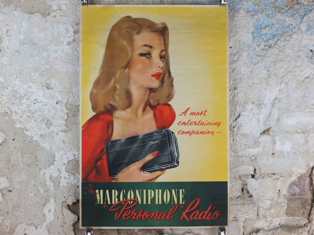 1940s Marconi Poster, A Most Entertaining Companion, Blonde beauty with 40s hairdo and Radio, Marconiphone advertising wall art decor