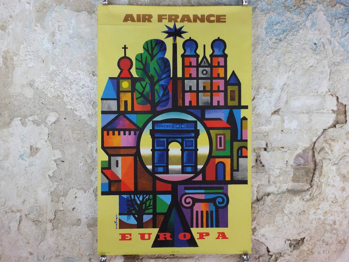 1963 Original Air France Poster, Europe by Jacques Nathan-Garamond, European tourist sites and landmarks, Aviation, travel wall art decor