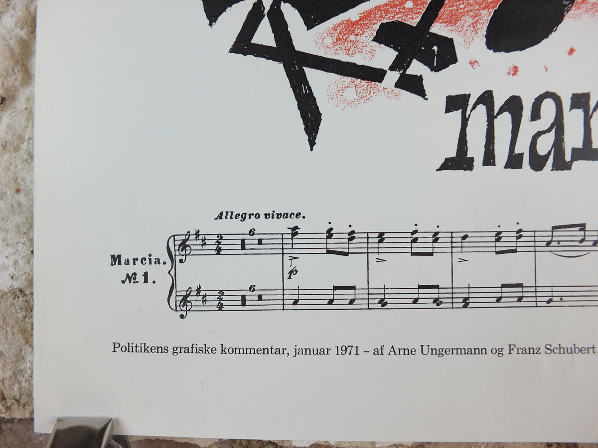 1971 Satirical Vietnam War Political Poster, by Arne Ungermann, Military March by Franz Schubert, anti-war pacifism movement, wall art decor
