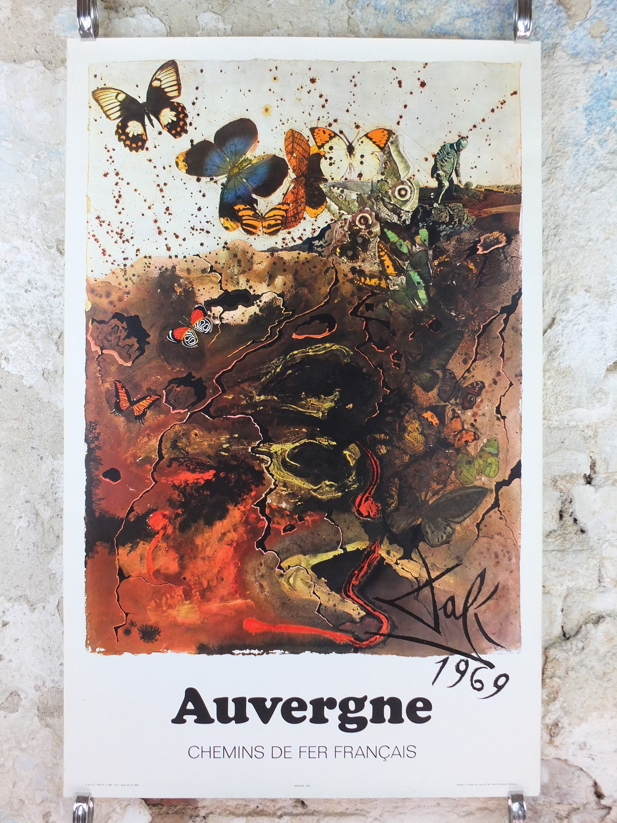 Vintage Dali Auvergne Poster, Salvador Dali, Butterflies, SNCF, travel tourism, 100cmx62cm, Chemins de fer Francais, wall art 1970s