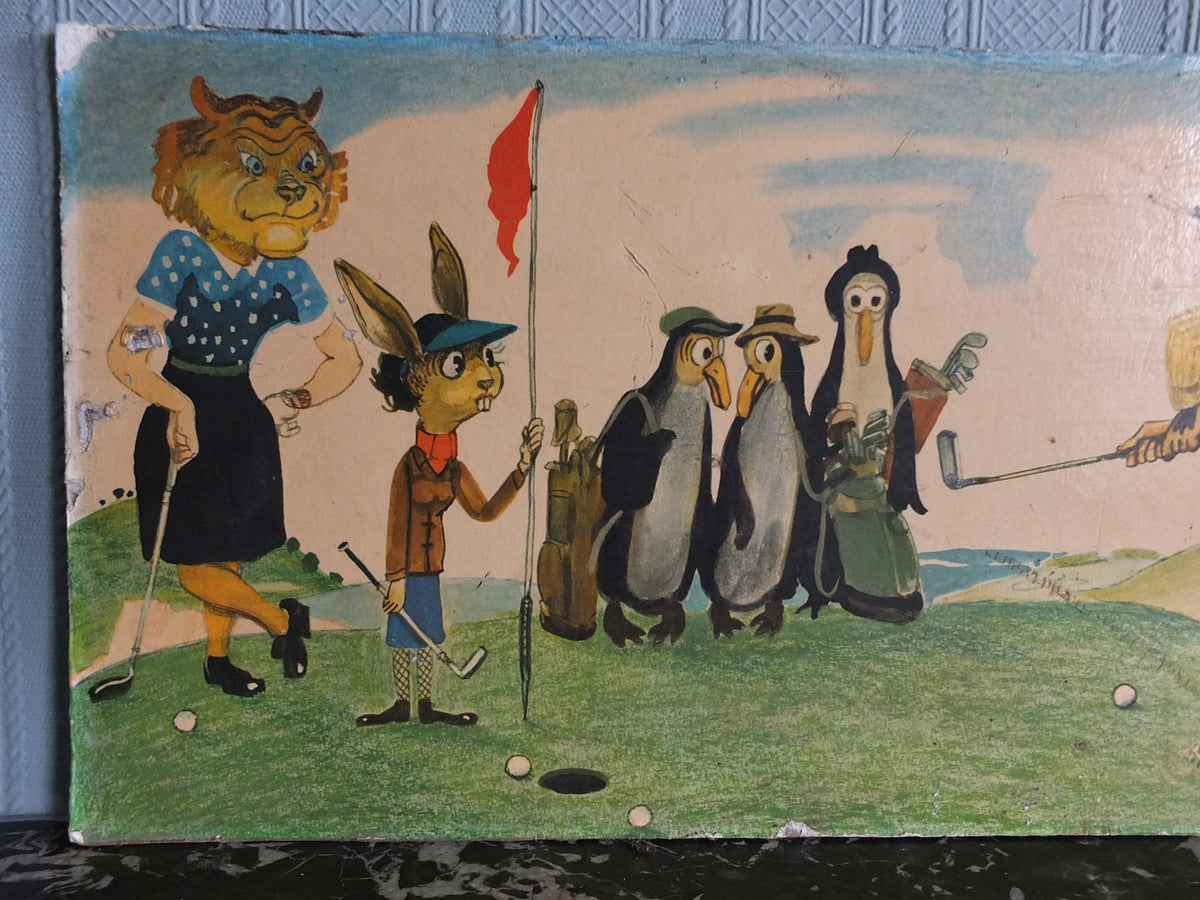 1950s John Gilroy Poster, Animals playing golf, putting on the green with cats rabbits and penguins, printed on hard board, wall art decor