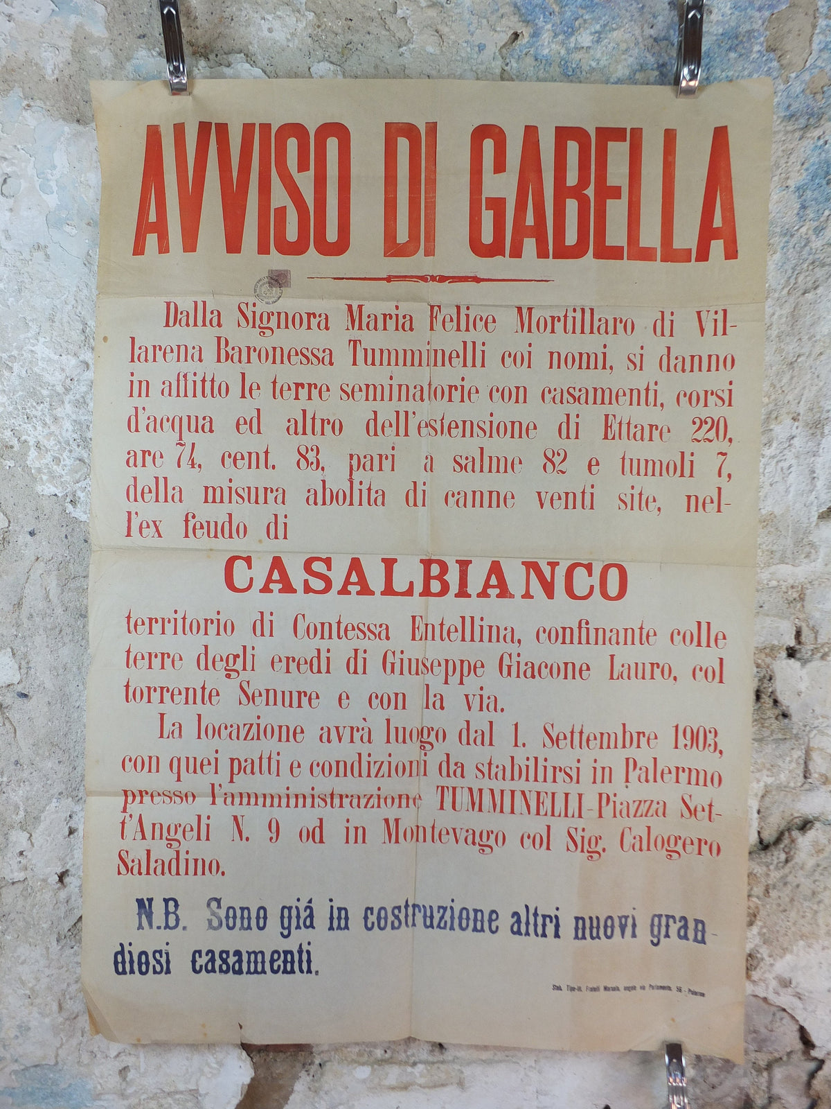 1903 Palermo Avviso di Gabella Poster, Baronessa Tumminelli, an early 20C tax notice for Casalbianco in Sicily, Italy, wall art decor