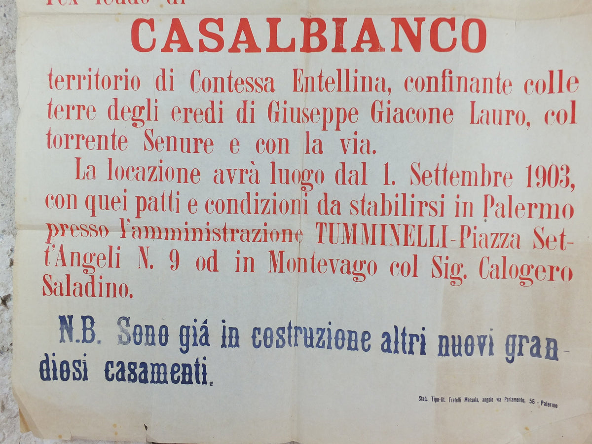 1903 Palermo Avviso di Gabella Poster, Baronessa Tumminelli, an early 20C tax notice for Casalbianco in Sicily, Italy, wall art decor