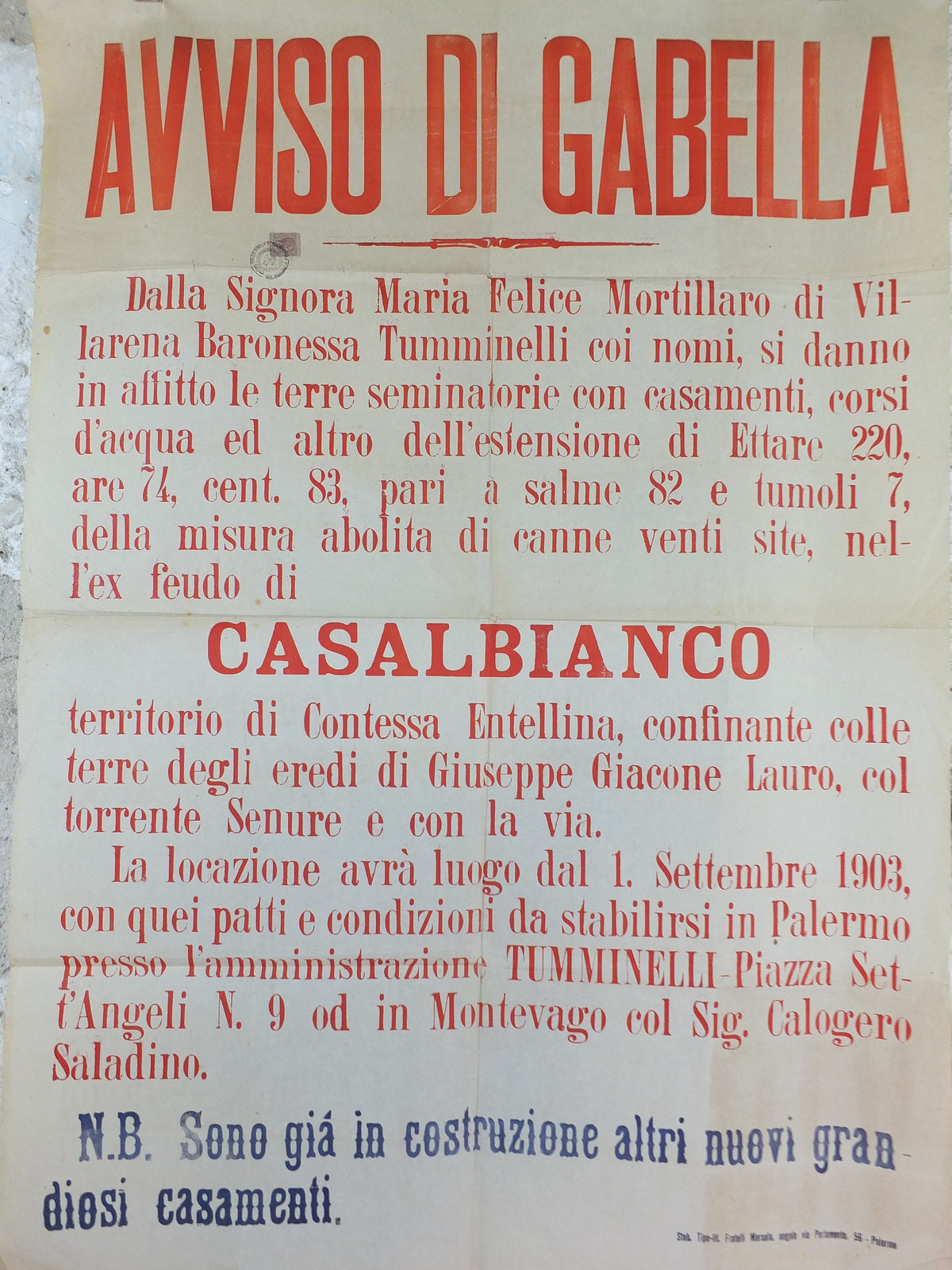 1903 Palermo Avviso di Gabella Poster, Baronessa Tumminelli, an early 20C tax notice for Casalbianco in Sicily, Italy, wall art decor