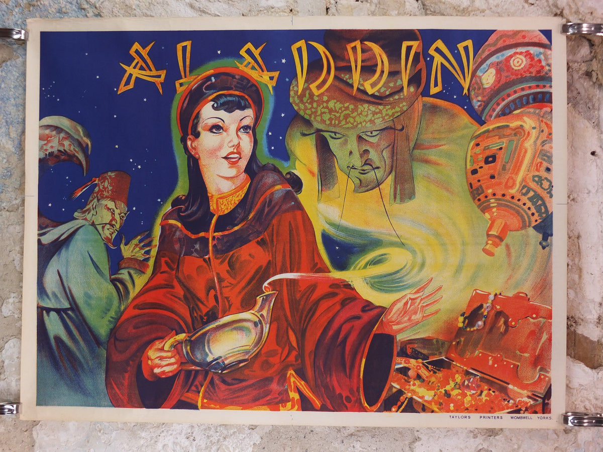 1930s Aladdin Pantomime Poster, panto theatre from Taylors of Wombwell Yorkshire, lithograph wall art decor