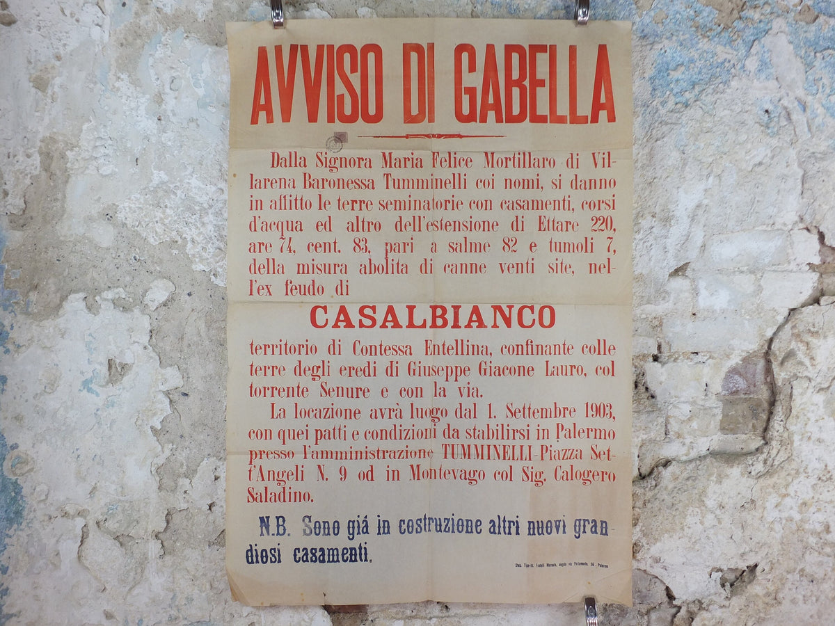 1903 Palermo Avviso di Gabella Poster, Baronessa Tumminelli, an early 20C tax notice for Casalbianco in Sicily, Italy, wall art decor