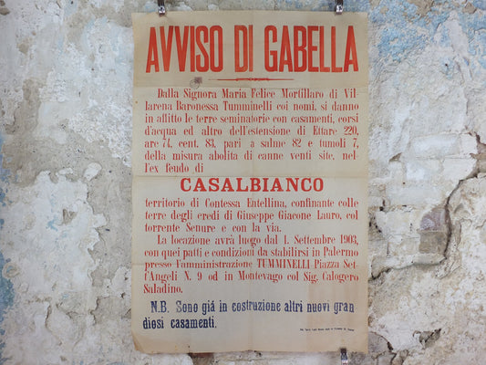 1903 Palermo Avviso di Gabella Poster, Baronessa Tumminelli, an early 20C tax notice for Casalbianco in Sicily, Italy, wall art decor