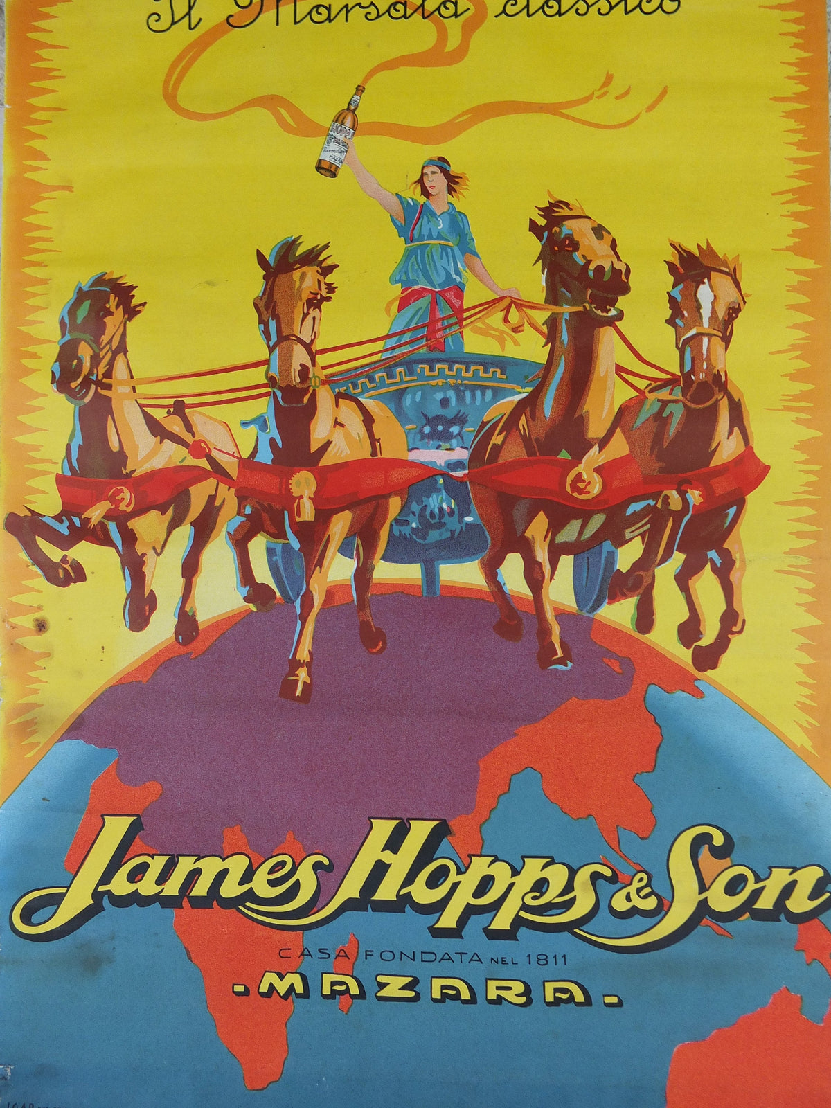 1930 James Hopps & Sons Masala Poster, golden marsala classico with maiden in a chariot, drinking alcohol, advertising print wall art decor