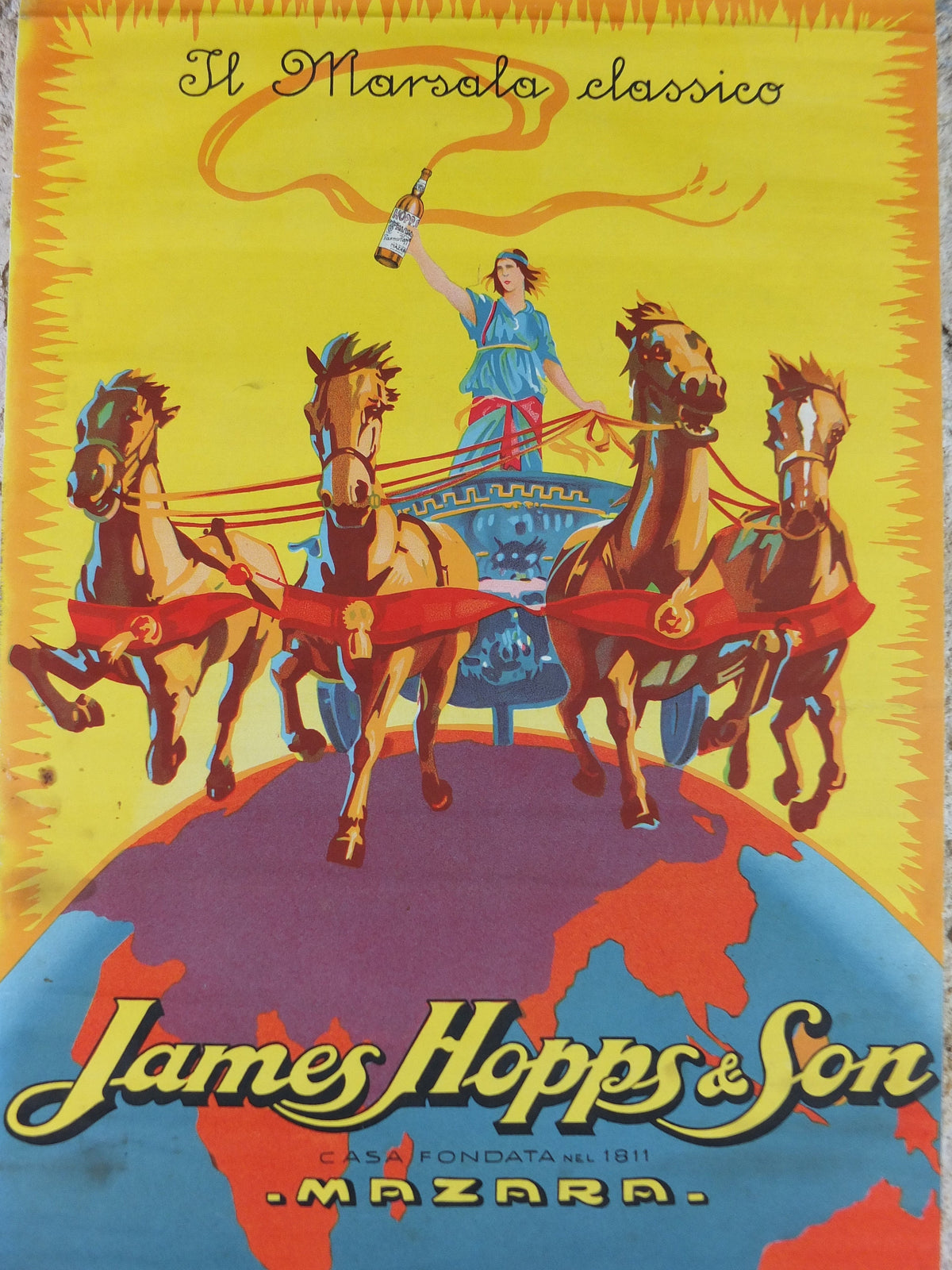 1930 James Hopps & Sons Masala Poster, golden marsala classico with maiden in a chariot, drinking alcohol, advertising print wall art decor