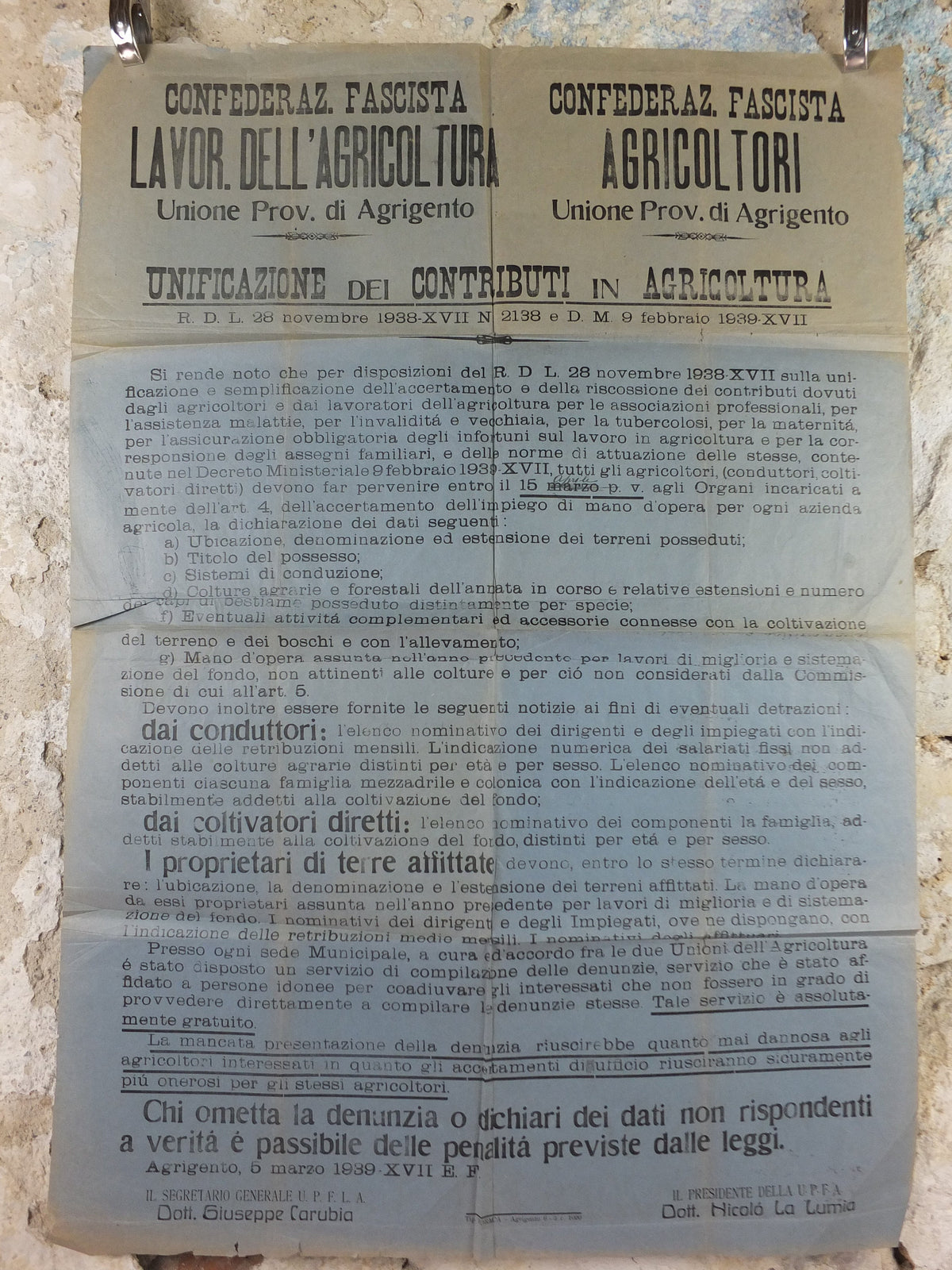 1938 Agriculture in Agrigento Poster, original paper notice for combined fascist agriculture organisations in Sicily, Italy, wall art decor