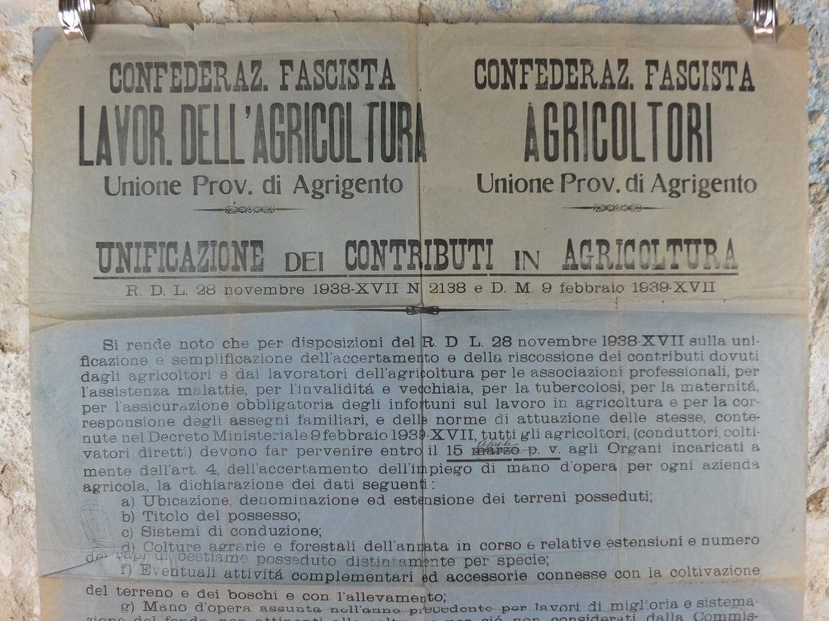1938 Agriculture in Agrigento Poster, original paper notice for combined fascist agriculture organisations in Sicily, Italy, wall art decor