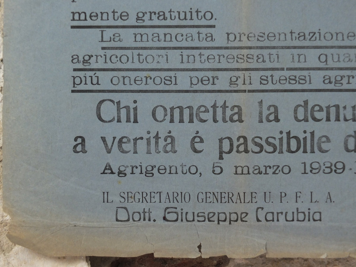 1938 Agriculture in Agrigento Poster, original paper notice for combined fascist agriculture organisations in Sicily, Italy, wall art decor