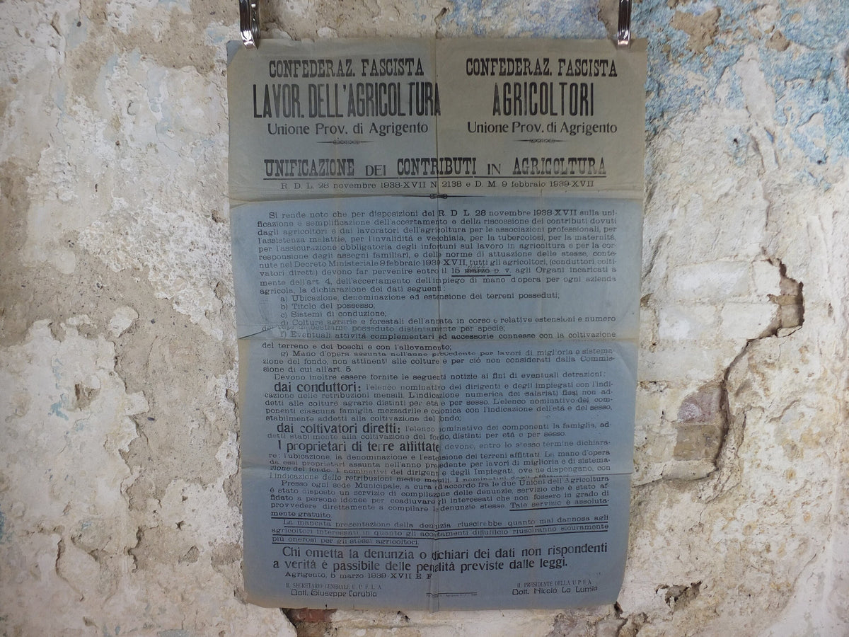 1938 Agriculture in Agrigento Poster, original paper notice for combined fascist agriculture organisations in Sicily, Italy, wall art decor