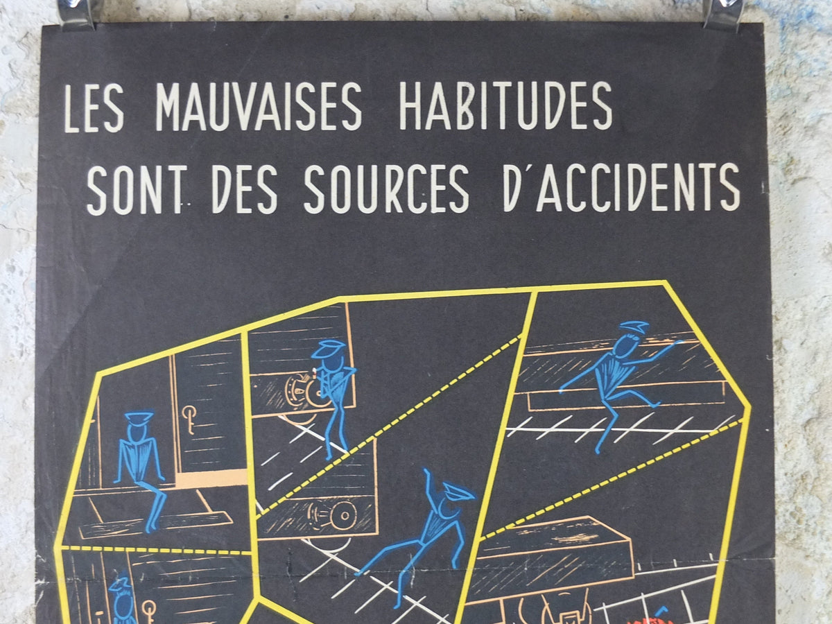 1950s French safety Poster, Bad Habits cause Accidents, by Robin Roland, industrial, train rail dangers, retro wall art decor