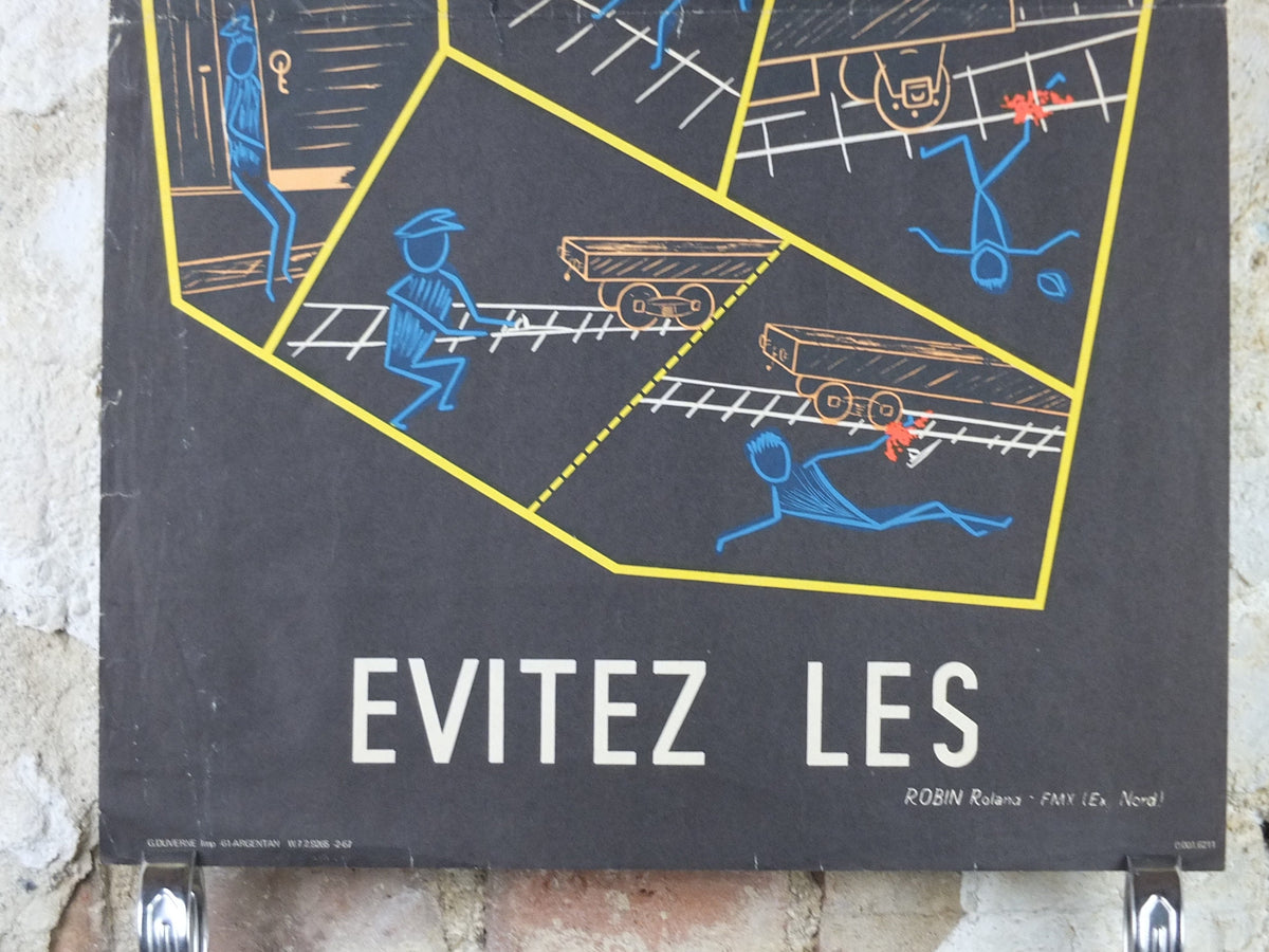 1950s French safety Poster, Bad Habits cause Accidents, by Robin Roland, industrial, train rail dangers, retro wall art decor