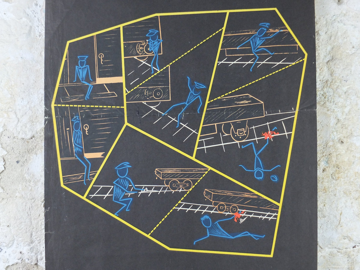 1950s French safety Poster, Bad Habits cause Accidents, by Robin Roland, industrial, train rail dangers, retro wall art decor