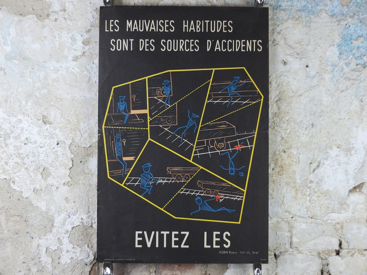 1950s French safety Poster, Bad Habits cause Accidents, by Robin Roland, industrial, train rail dangers, retro wall art decor