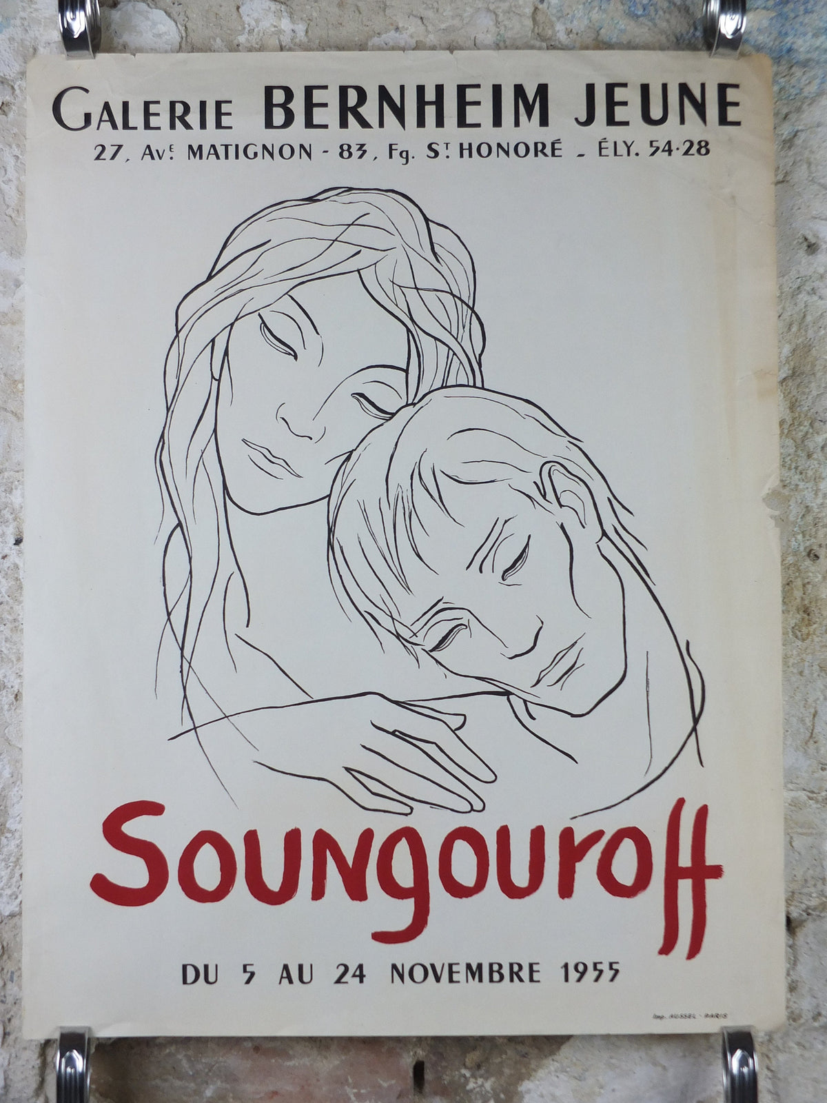 1955 Antonin Soungouroff Poster, an intimate couple, tender sadness, drawing on paper, artist gallery exhibition, wall art decor
