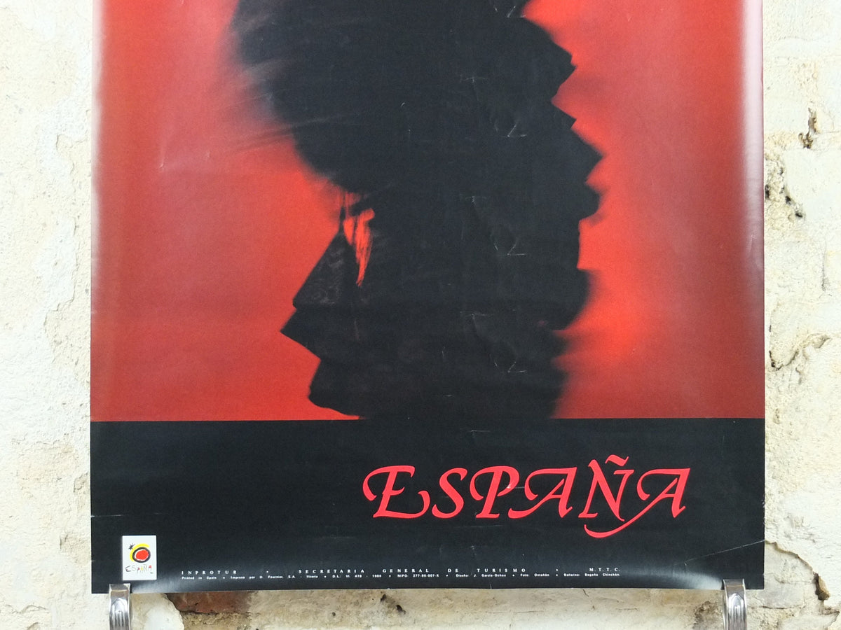 1986 Flamenco Espana Travel Poster, A sensual Spanish lady in flamenco dress in a full dancing flourish ole! Spain, wall art decor