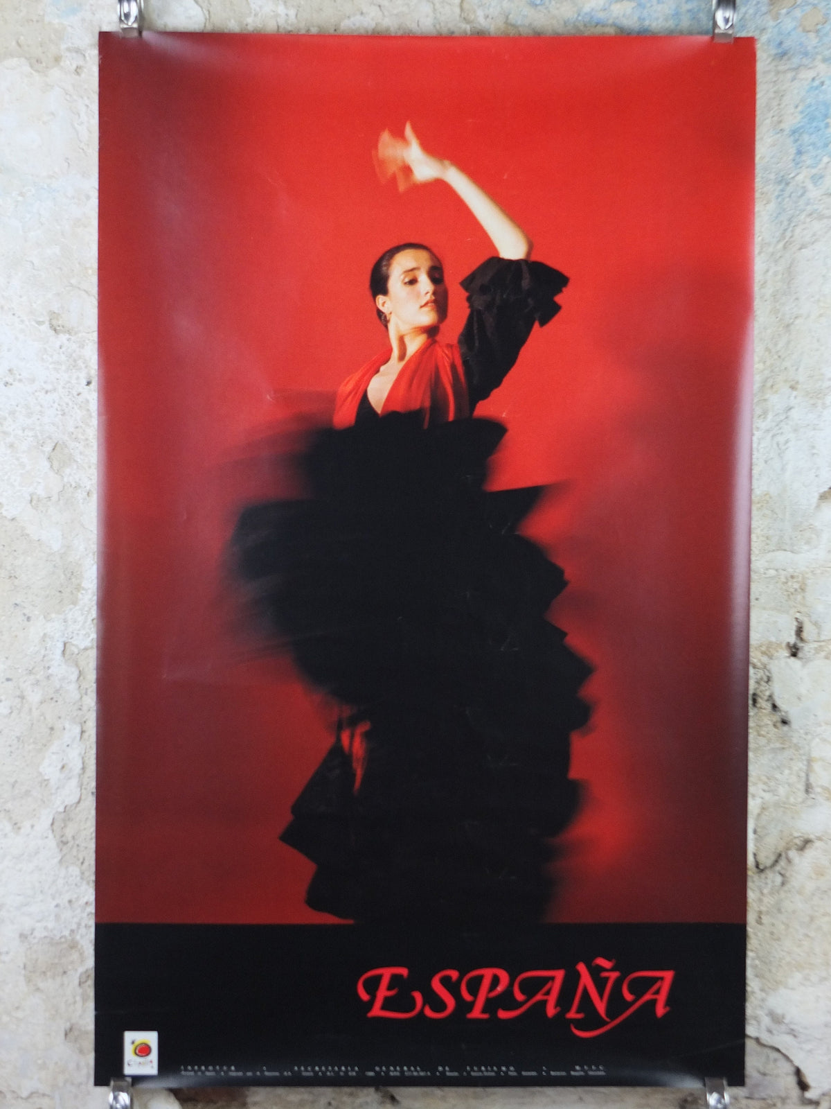 1986 Flamenco Espana Travel Poster, A sensual Spanish lady in flamenco dress in a full dancing flourish ole! Spain, wall art decor