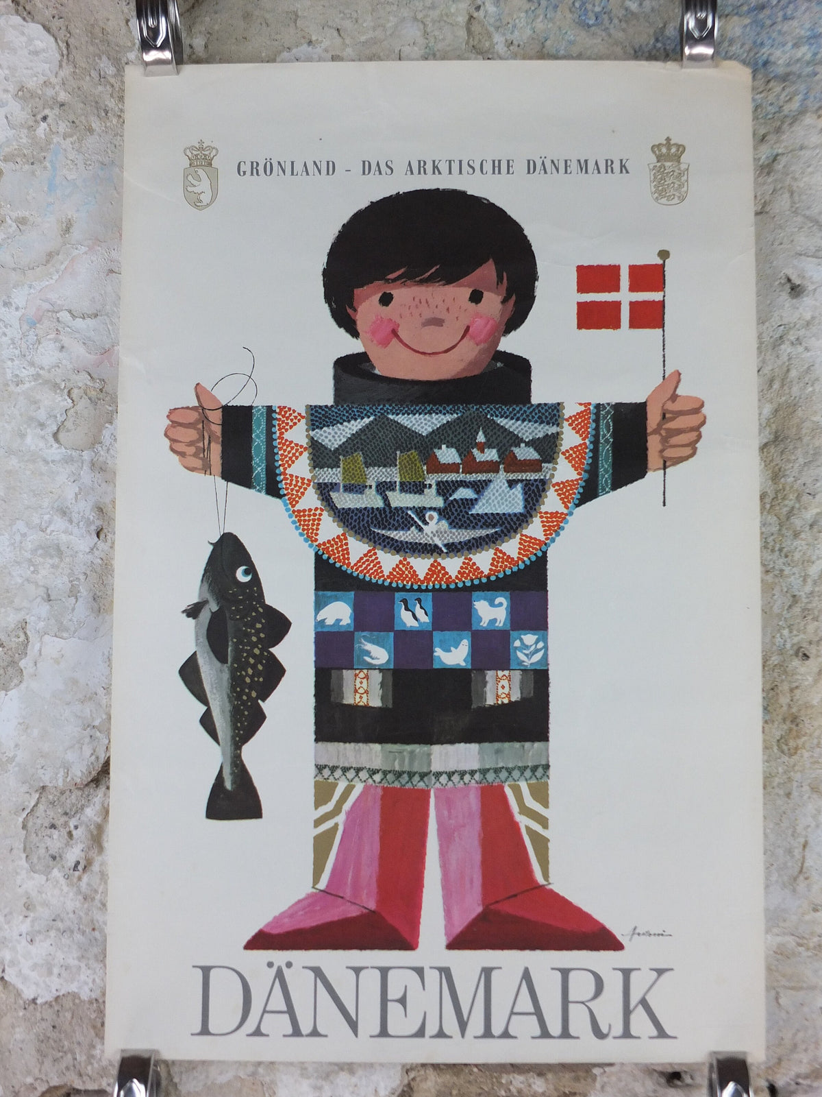 1960s Denmark and Arctic Greenland Poster, a young fisherman in Greenlandic dress , by Ib Antoni, Denmark, original Travel wall art decor