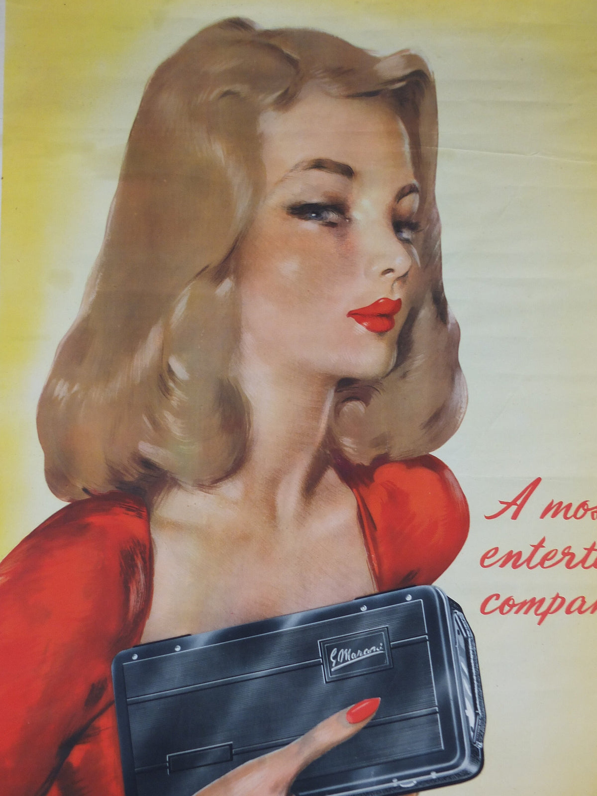 1940s Marconi Poster, A Most Entertaining Companion, Blonde beauty with 40s hairdo and Radio, Marconiphone advertising wall art decor