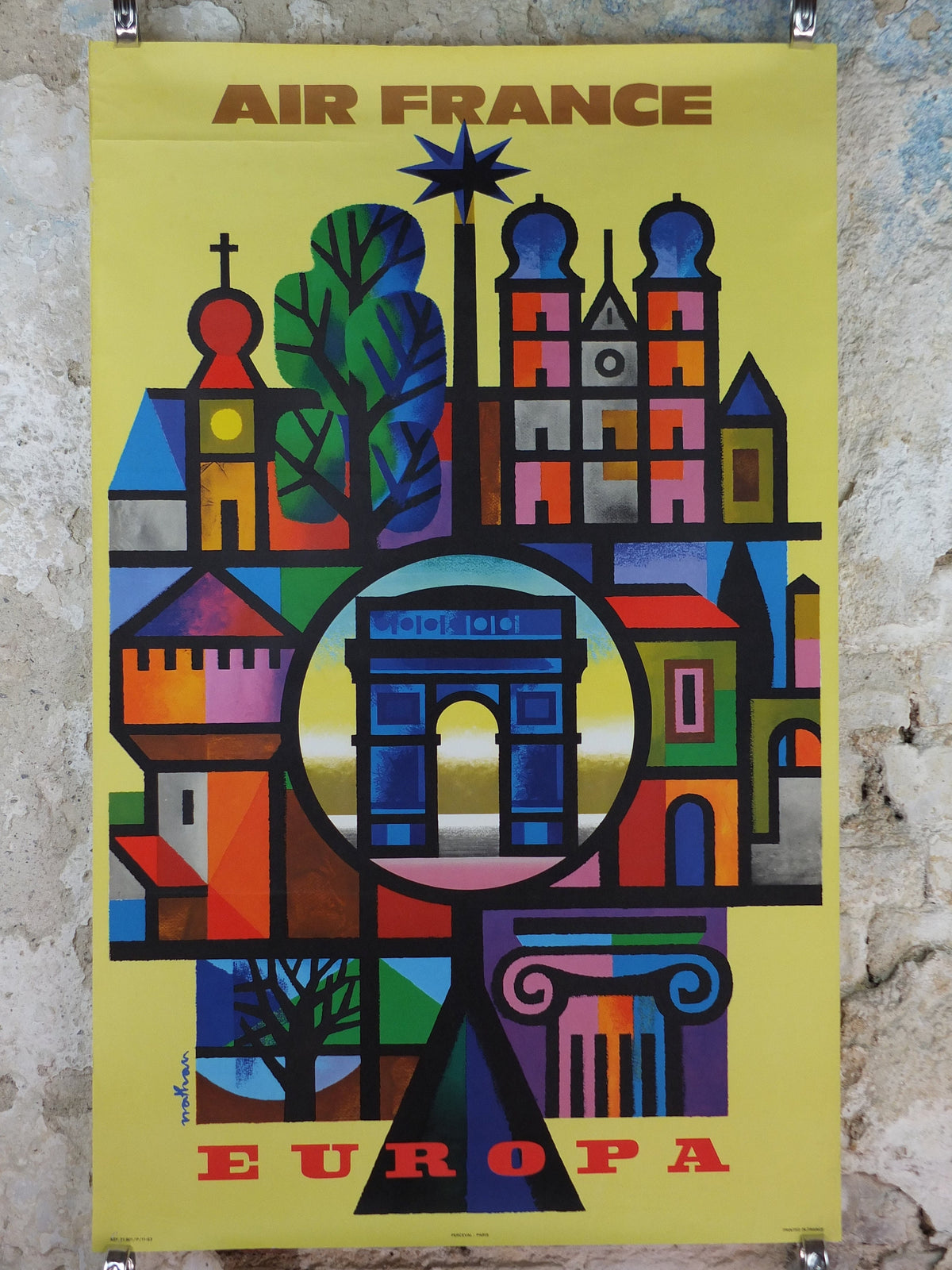 1963 Original Air France Poster, Europe by Jacques Nathan-Garamond, European tourist sites and landmarks, Aviation, travel wall art decor