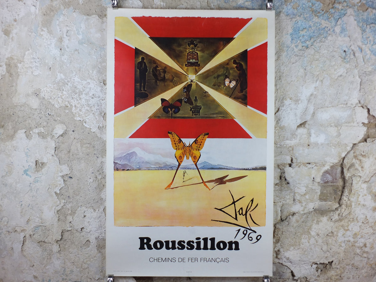 Vintage Dali Roussillon Poster, Salvador Dali, Butterflies, SNCF, travel tourism, 100cmx62cm, Chemins de fer Francais, wall art 1970s
