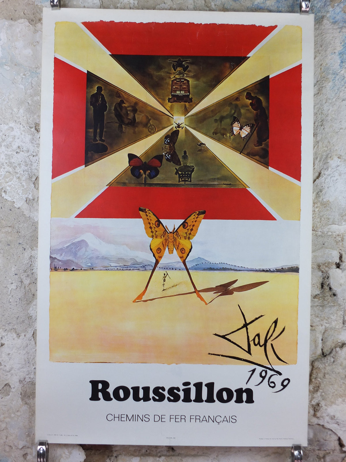 Vintage Dali Roussillon Poster, Salvador Dali, Butterflies, SNCF, travel tourism, 100cmx62cm, Chemins de fer Francais, wall art 1970s