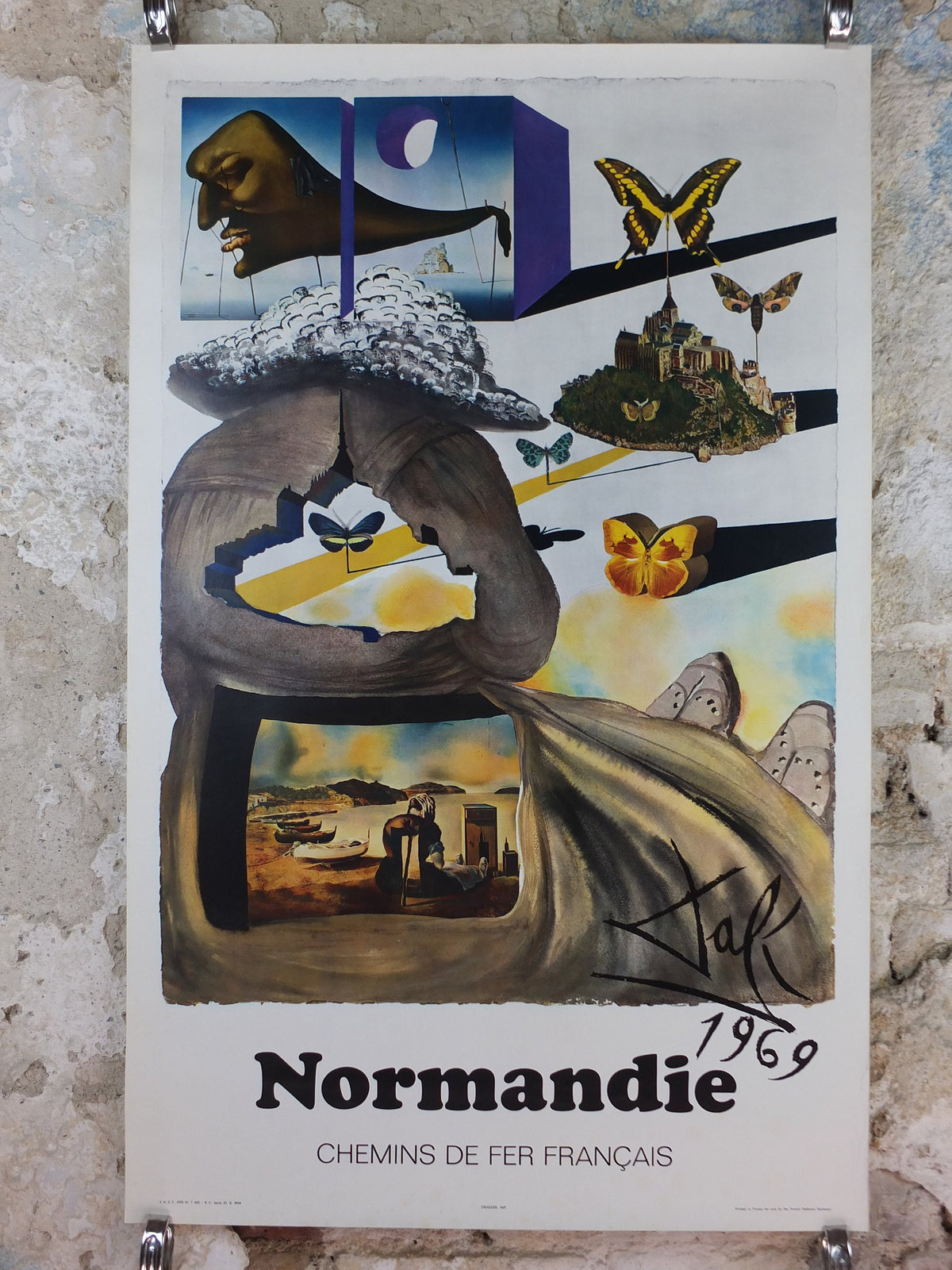Vintage Dali Normandie Poster, Salvador Dali, Butterflies, SNCF, travel tourism, 100cmx62cm, Chemins de fer Francais, wall art 1970s