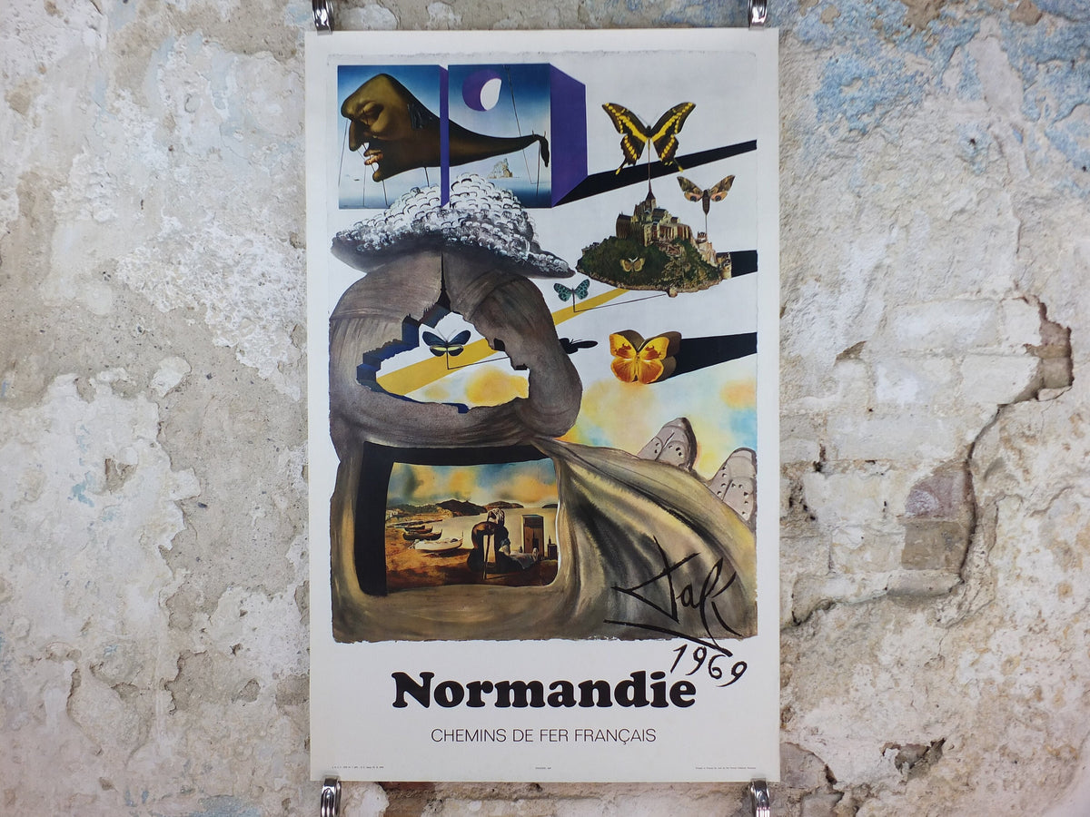 Vintage Dali Normandie Poster, Salvador Dali, Butterflies, SNCF, travel tourism, 100cmx62cm, Chemins de fer Francais, wall art 1970s