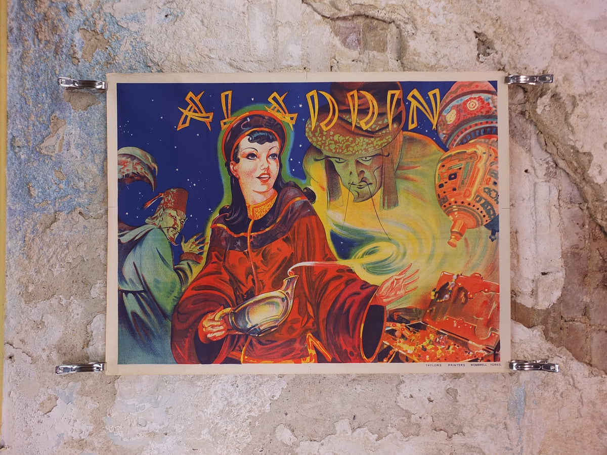 1930s Aladdin Pantomime Poster, panto theatre from Taylors of Wombwell Yorkshire, lithograph wall art decor
