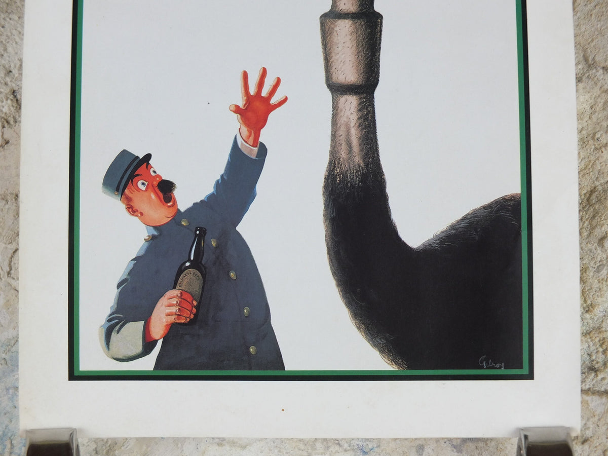 1981 John Gilroy Guinness Toucan Poster, Ostrich 1936, Guinness Zookeeper with ostrich who has swallowed his pint, wall art retro decor