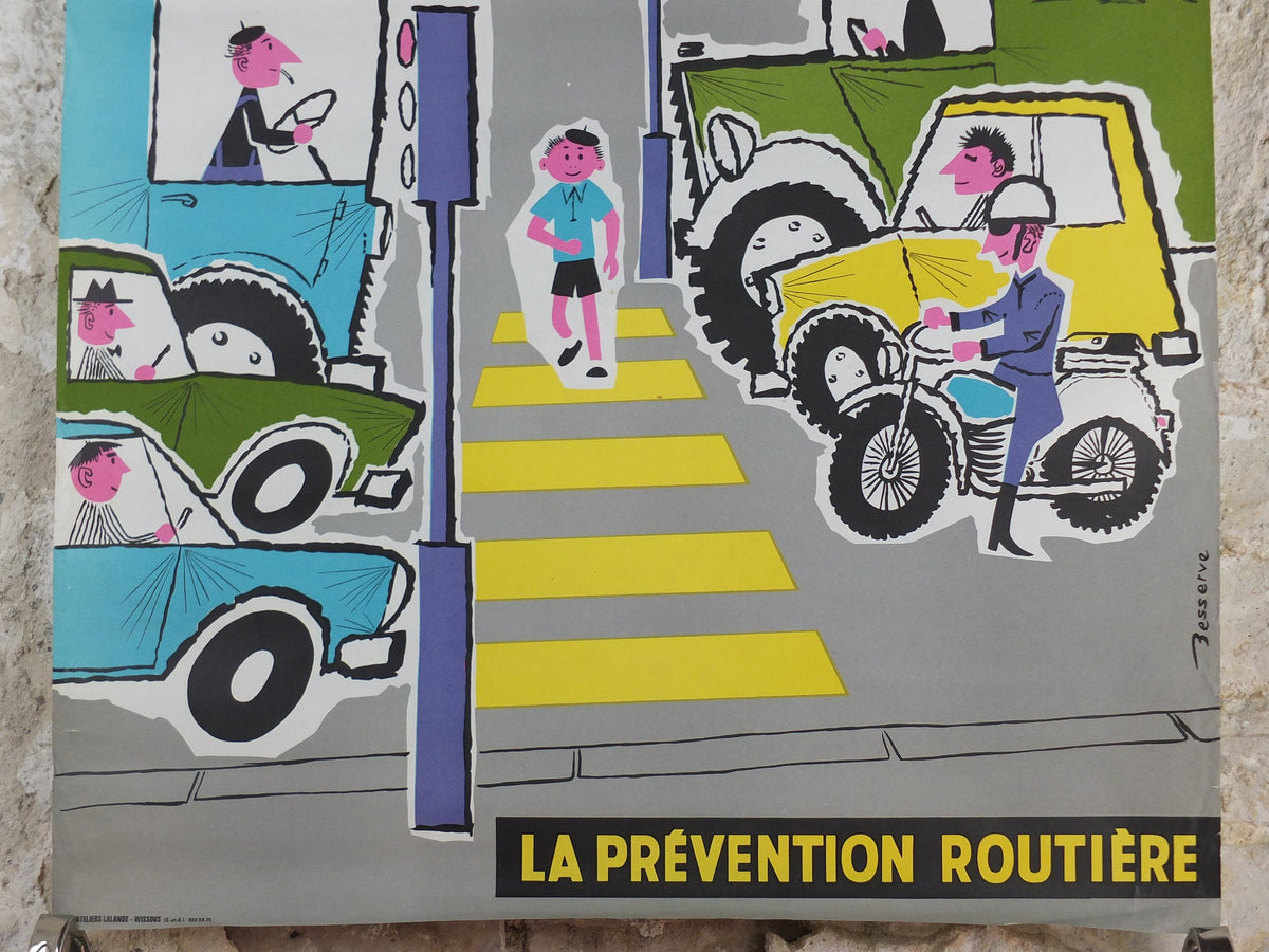 1960s French road safety poster, Road Crossing, by Besserve, industrial, pedestrian dangers, retro wall art decor