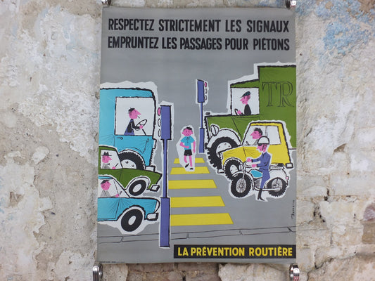 1960s French road safety poster, Road Crossing, by Besserve, industrial, pedestrian dangers, retro wall art decor