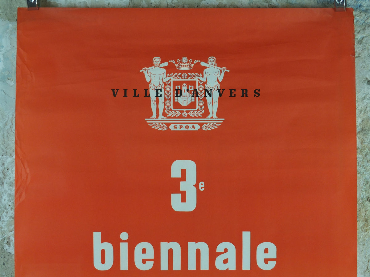 1955 Sculpture Poster, very orange biennial sculpture from Middleheim region of Antwerp or Anvers, artist gallery exhibition, wall art decor