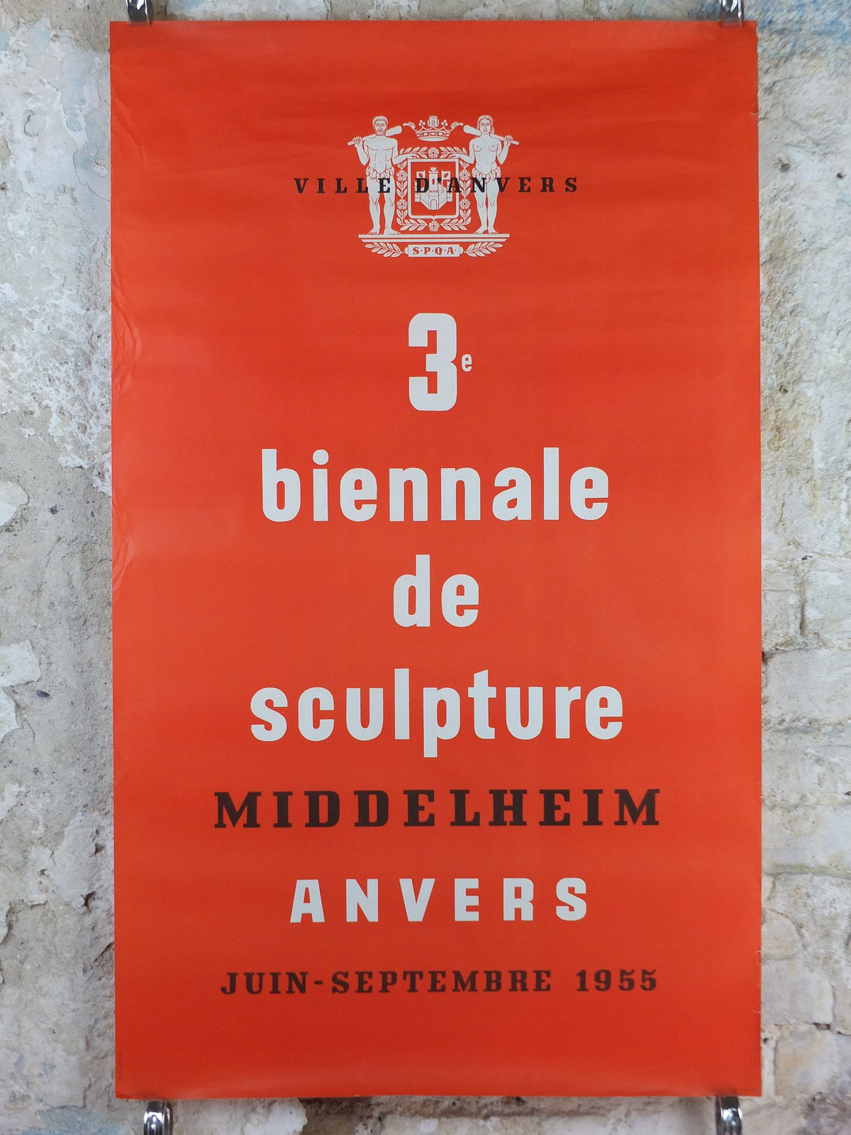 1955 Sculpture Poster, very orange biennial sculpture from Middleheim region of Antwerp or Anvers, artist gallery exhibition, wall art decor