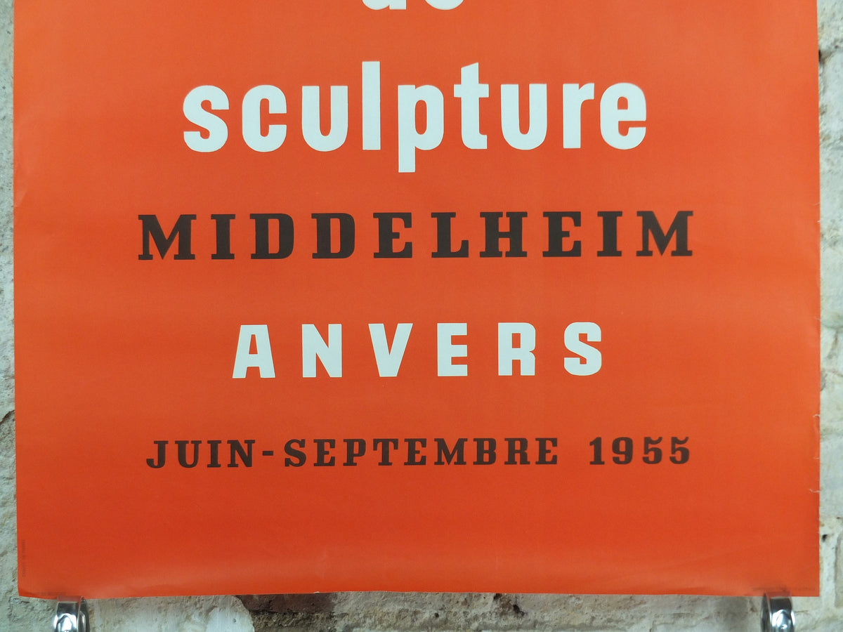 1955 Sculpture Poster, very orange biennial sculpture from Middleheim region of Antwerp or Anvers, artist gallery exhibition, wall art decor