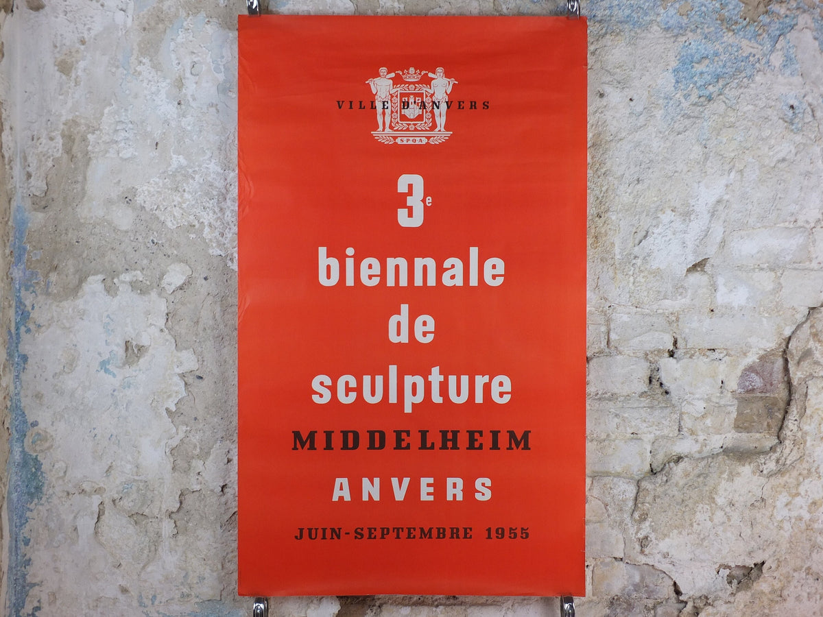 1955 Sculpture Poster, very orange biennial sculpture from Middleheim region of Antwerp or Anvers, artist gallery exhibition, wall art decor