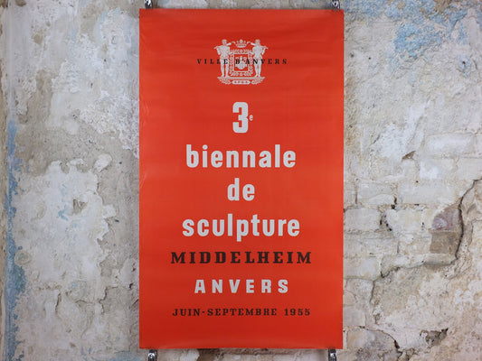 1955 Sculpture Poster, very orange biennial sculpture from Middleheim region of Antwerp or Anvers, artist gallery exhibition, wall art decor